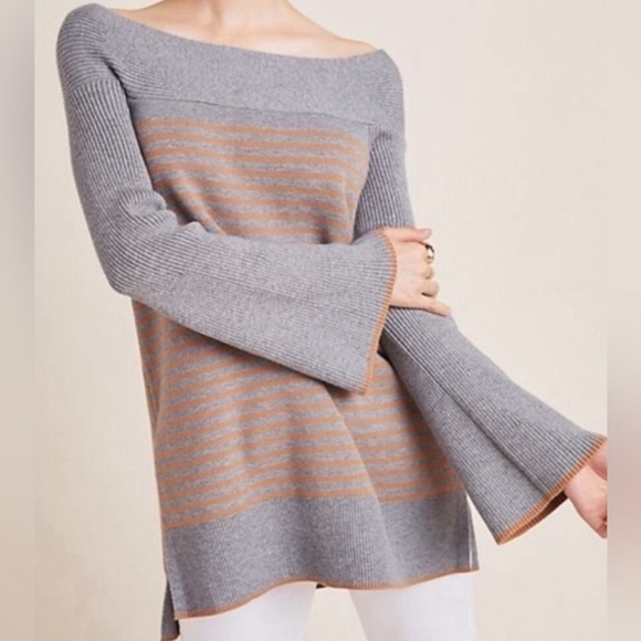 Anthropologie Tops - Anthropologie Grey Orange Striped Wide Neck Elise Ribbed Tunic Medium